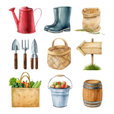 Collection of garden equipment. Handdrawn garden tools and objects. Watercolor illustration, hand made clipart. clipart