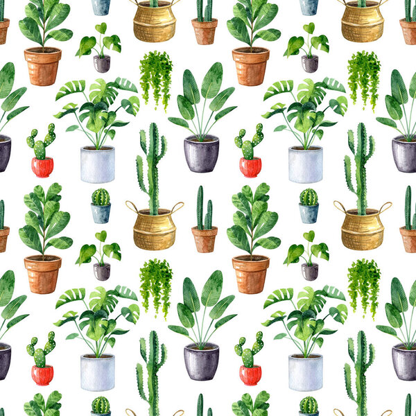 Watercolor seamless pattern with home plants in clay pots and straw basket. Monstera, ficus, cactus, sansevieria, opuntia. Texture for fabrics, wallpapers,  wrapping paper.