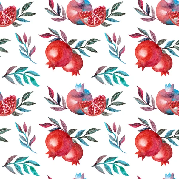 Pomegranate Watercolor Seamless Pattern Isolated White Background Hand Drawn Illustration — Stock Photo, Image