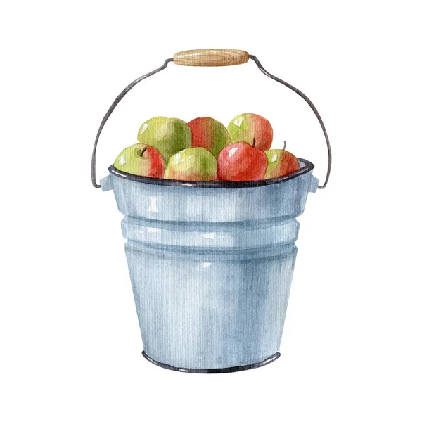Blue Iron Bucket Ripe Apples Isolated White Background Handmade Watercolor — Stock Photo, Image