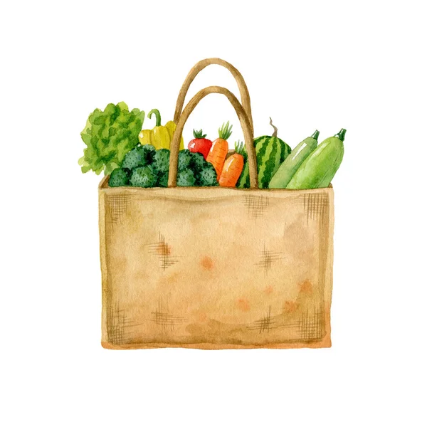 Sackcloth Eco Bag Full Fresh Vegetables Salad Broccoli Carrot Watermelon — Stock Photo, Image