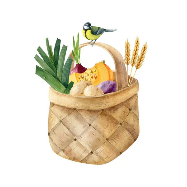 Birchbark Basket Full Fresh Ripe Vegetables Wheat Ears Titmouse Bird — 스톡 사진