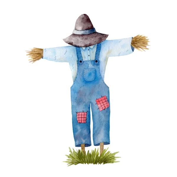 Watercolor Illustration Garden Scarecrow Green Grass Isolated White Background Hand — 스톡 사진