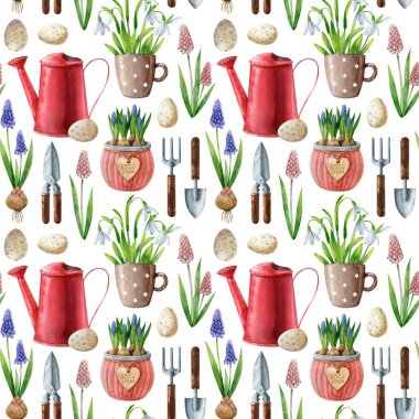Kırmızı sulama kutusu, tencerede muscari, yumurta, bahçe aletleri, beyaz arka planda izole edilmiş kaptaki kardamlaları. Suluboya çizimi. Kumaş dokusu, ambalaj kağıdı, hatıra defteri.