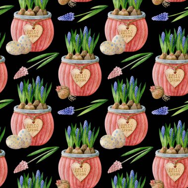 Kil tenceredeki mavi muscari siyah arka planda izole edilmiş, dikişsiz desen. Kuş yumurtaları ve ampuller. İlkbahar suluboya çizimi. Kumaşlar, ambalaj kağıtları, hatıra defterleri, duvar kağıtları için el çizimi..