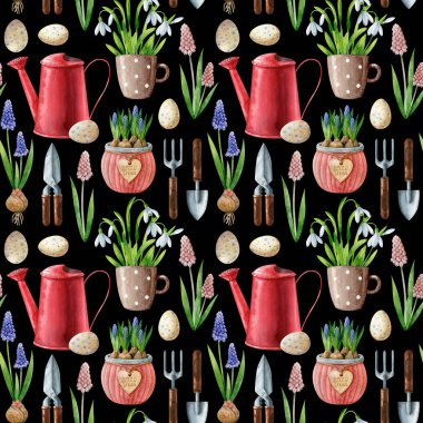 Kırmızı sulama kutusu, tencerede muscari, yumurta, bahçe aletleri, kaptaki kardamlaları siyah arka planda izole edilmiş dikişsiz desen. Suluboya çizimi. Kumaş dokusu, ambalaj kağıdı, hatıra defteri.