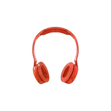Beyaz arka planda izole edilmiş modern kırmızı kablosuz kulaklıklar. Suluboya çizimi, elle çizilmiş klişe. Müzik ve moda anlayışı, spor. Minimalizm.