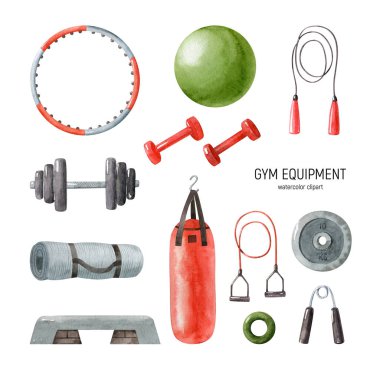 Beyaz arka planda izole edilmiş spor aletleriyle suluboya seti. Dambıl, adım, platform, minder, kum torbası, genişletici, ip atlama, fitbol, hulahup. El çizimi Clipart.