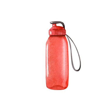 Beyaz arka planda izole edilmiş kırmızı spor su şişesiyle suluboya resimleme, ön manzara. Spor aletleri, spor aksesuarları. El çizimi Clipart. 