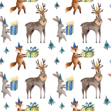 Beyaz arka planda orman hayvanlarıyla suluboya desen. Mutlu yıllar, kutlama konsepti. Tebrik kartı, davetiyeler, ambalaj kağıtları, kumaşlar için el yapımı doku..