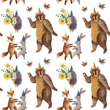 Beyaz arka planda orman hayvanlarıyla suluboya desen. Mutlu yıllar, kutlama konsepti. Tebrik kartı, davetiyeler, ambalaj kağıtları, kumaşlar için el yapımı doku..