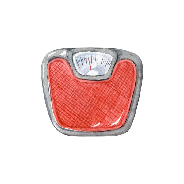 红色浴室机械刻度隔离在白色背景 顶部视图 水彩画的一部分 减肥的概念 手绘插图 — 图库照片