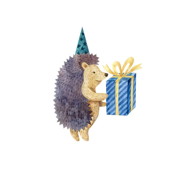 白い背景に隔離された青の贈り物と誕生日キャップのハリネズミ 子供用水彩イラスト 誕生日おめでとうございます グリーティングカード 招待状の手描きクリップ — ストック写真