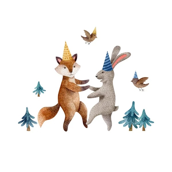 Акварельная Иллюстрация Танцующей Лисой Кроликом Кепках День Рождения Птицах Животные — стоковое фото