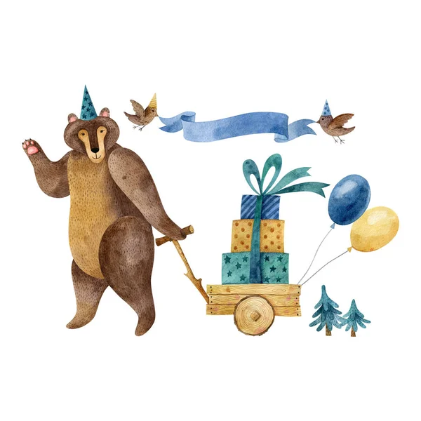 Watercolor illustration with bear in birthday cap with wooden wheelbarrow full of presents, balloons, birds, blue ribbon.Childish style,animal characters, birthday and baby shower celebration clipart.