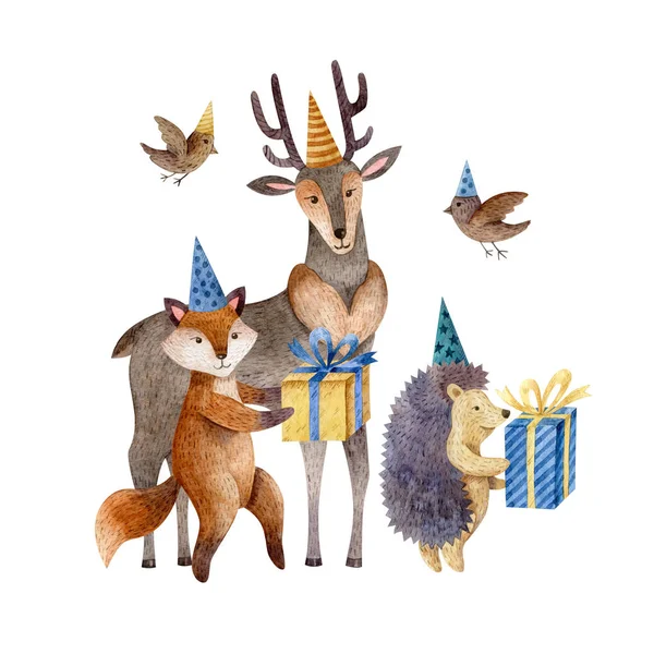 Akvarell Illusztráció Állati Karakterekkel Születésnapi Sapkában Ajándékdobozokkal Szarvas Róka Sündisznó — Stock Fotó