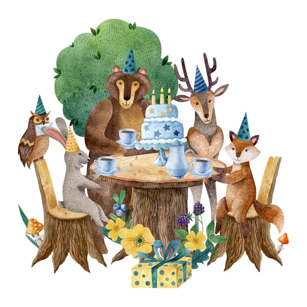 Watercolor Illustration Cute Forest Animals Wooden Table Cake Crockery Animal — 스톡 사진