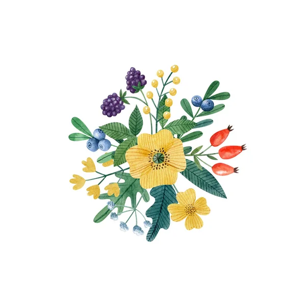 黄色のケシ 白い背景に隔離された果実を持つ丸い花の花束 水彩イラスト 手描きのクリップアート グリーティングカードの装飾 招待状 — ストック写真