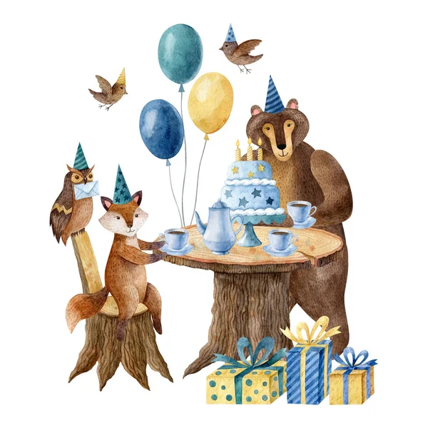 Watercolor illustration with forest animals at the wooden table with balloons, cake, crockery. Animal characters: fox, bear, birds, owl. Childish style, birthday and baby shower celebration clipart.