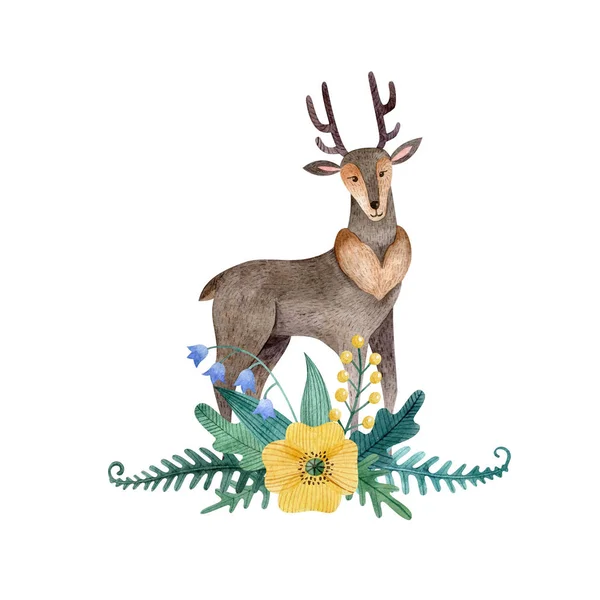 Forest Deer Isolated White Background Animal Character Childish Watercolor Illustration — 스톡 사진