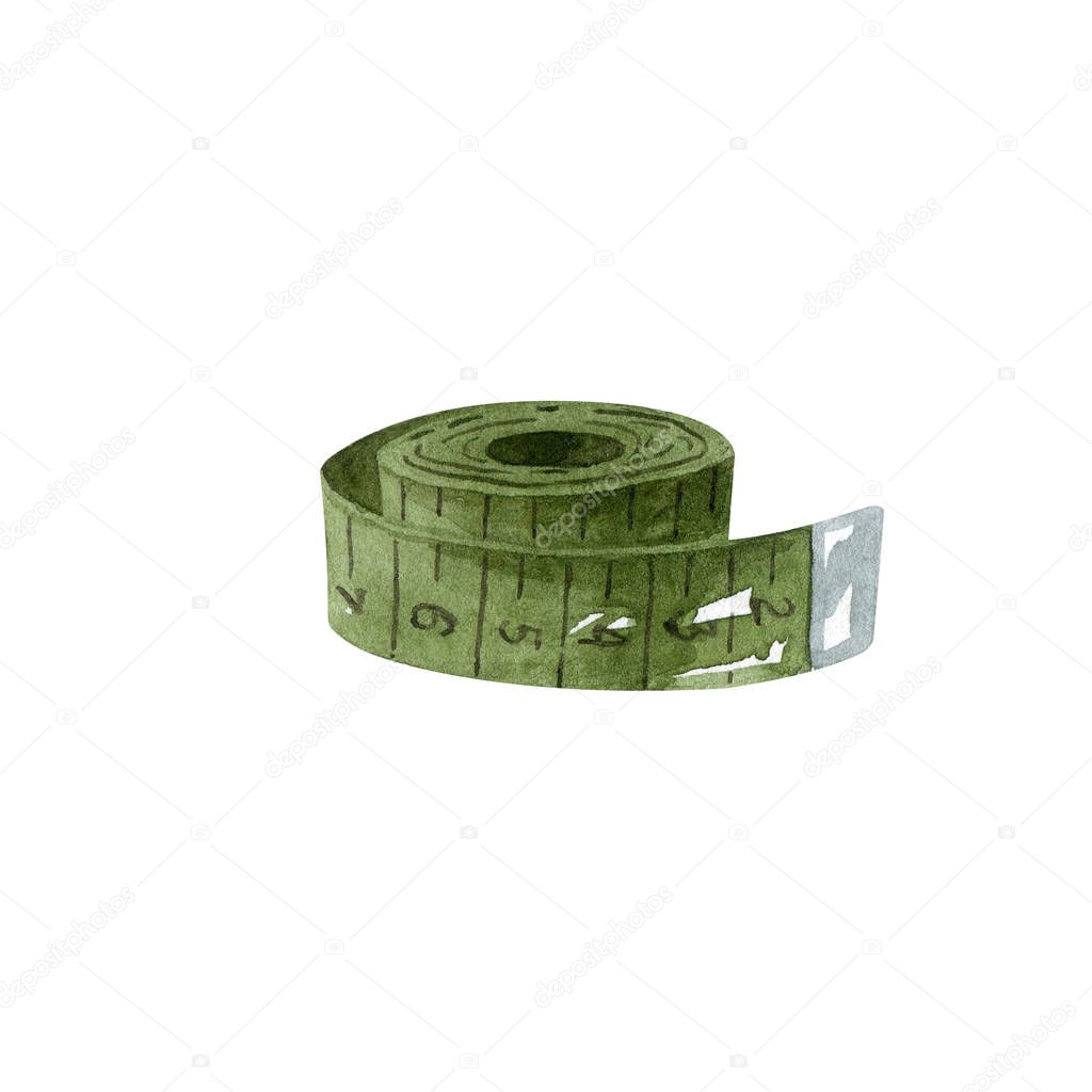  Green tape measure isolated on white background. Watercolor illustration, handdrawn clipart. 