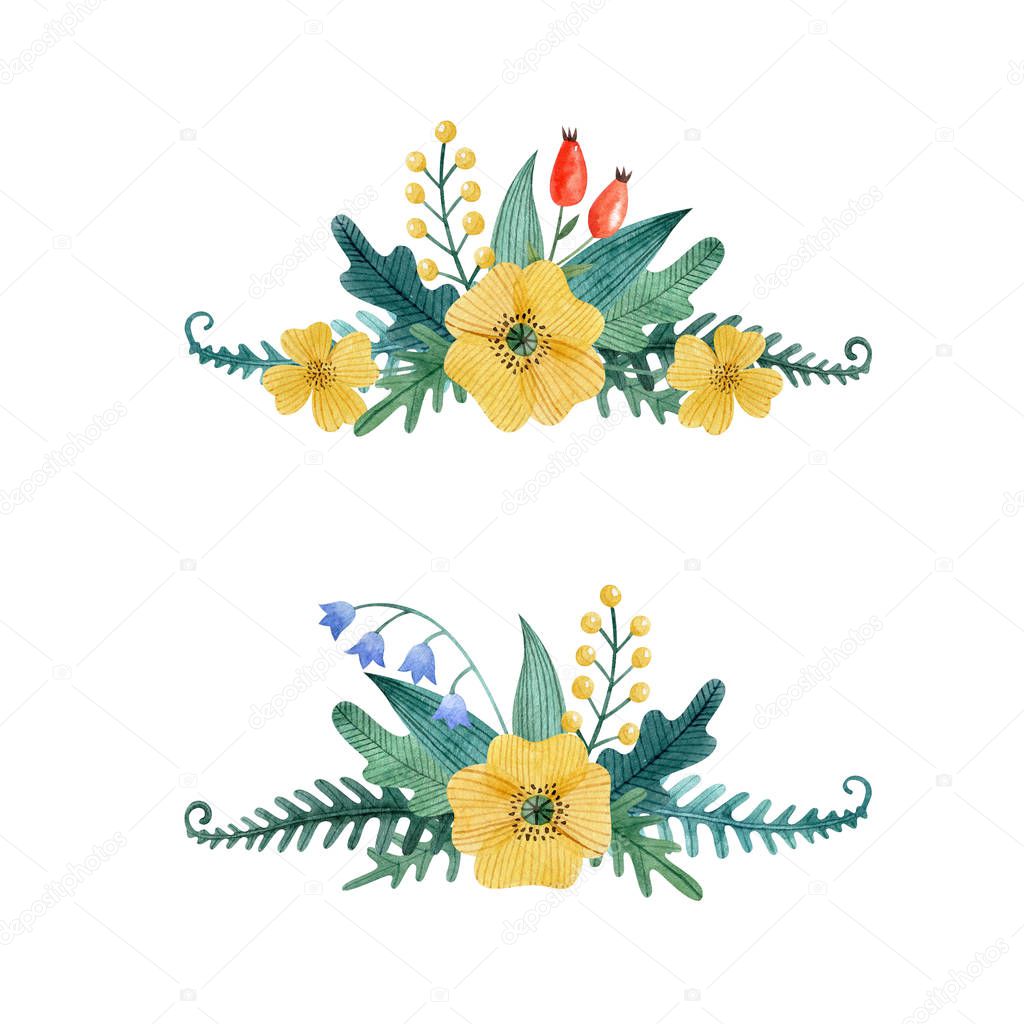  Two horisontal floral bouquets with yellow poppy, leaves, berries, fern isolated on white background. Watercolor illustration, hand drawn clipart. Decoration for greeting cards, invitations.