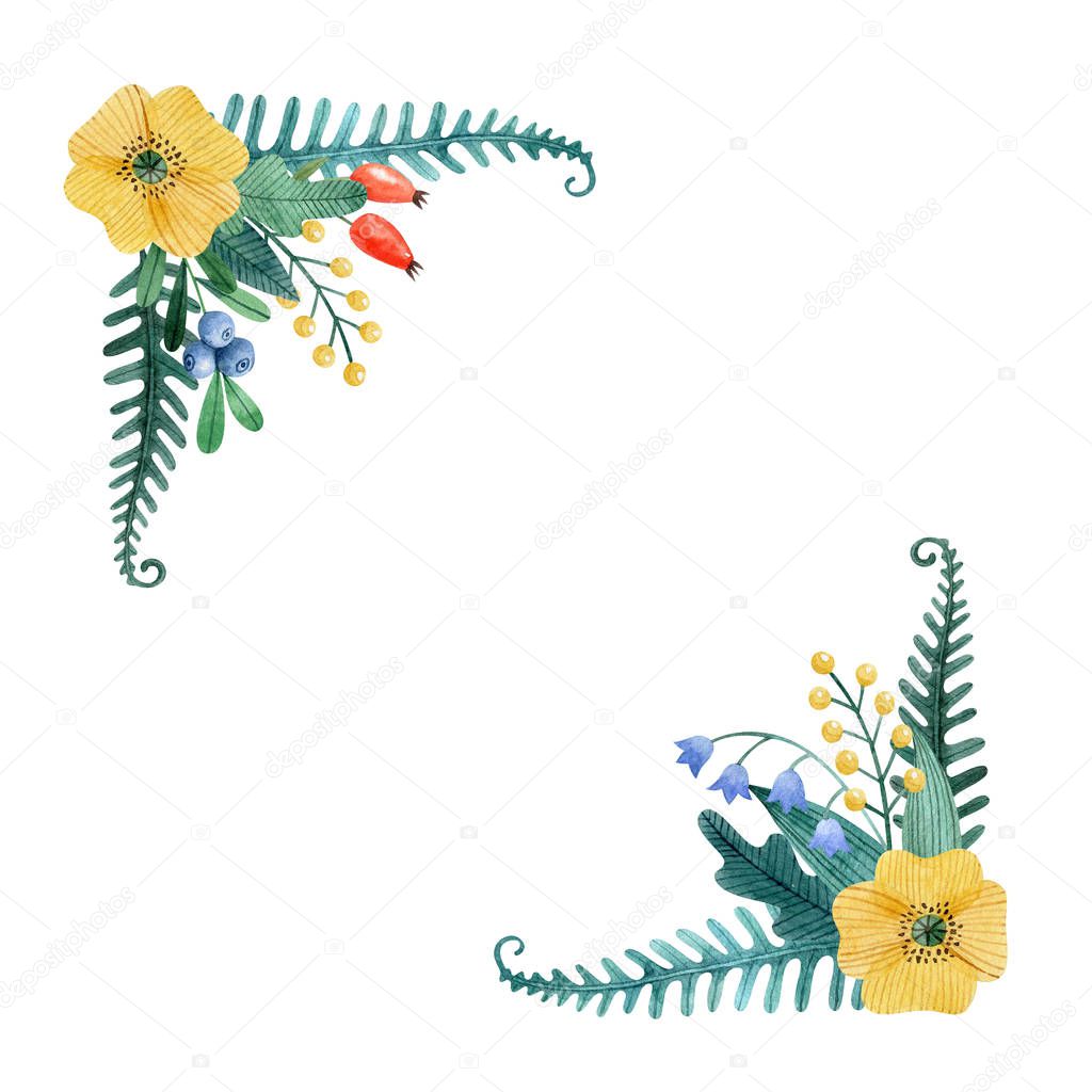 Two corner floral bouquet with yellow poppy, leaves, dog-rose berries, fern isolated on white background. Watercolor illustration, hand drawn clipart. Decoration for greeting cards, invitations.