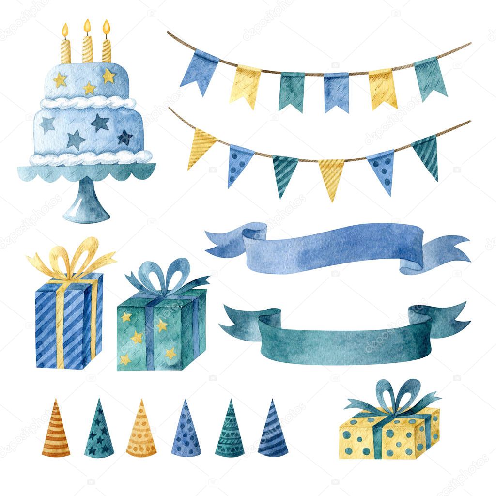 Watercolor set of birthday decorations isolated on white background. Birthday cake, garlands, caps, ribbons, banner, gift boxes are perfect illustrations for greeting cards and invitations.