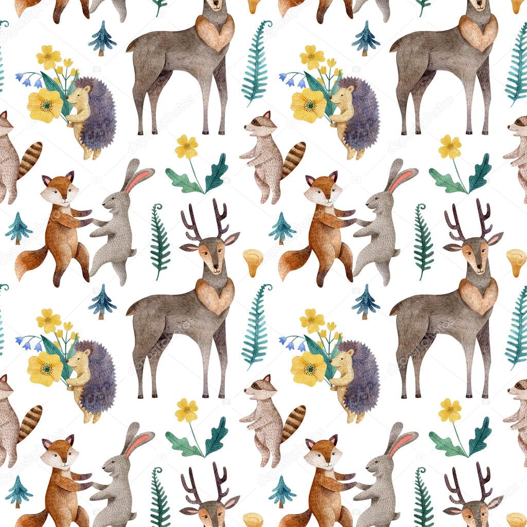 Watercolor seamless pattern with forest animals on white background.Childish illustration.Happy birthday,celebration concept.Hand drawn texture for greeting card, invitations, wrapping paper, fabrics.