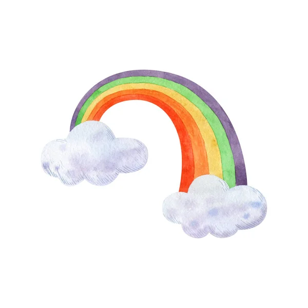 Cor Arco Íris Com Nuvens Isoladas Fundo Branco Clipart Desenhado — Fotografia de Stock