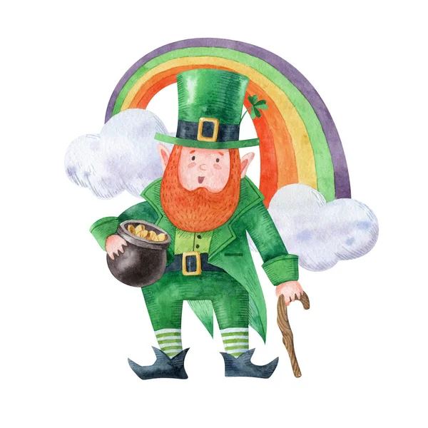 金の鍋で面白い漫画Leprechown 杖とRaibow歩く 聖パトリックの日だ緑の帽子と衣装を着たキャラクター 白を基調とした水彩画 — ストック写真