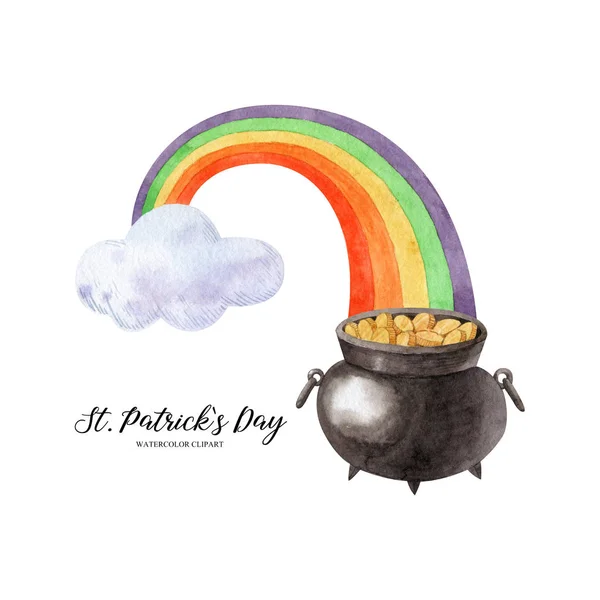 Leprechaun Pot Gold End Rainbow Watercolor Illustration Isolated White Background — 스톡 사진