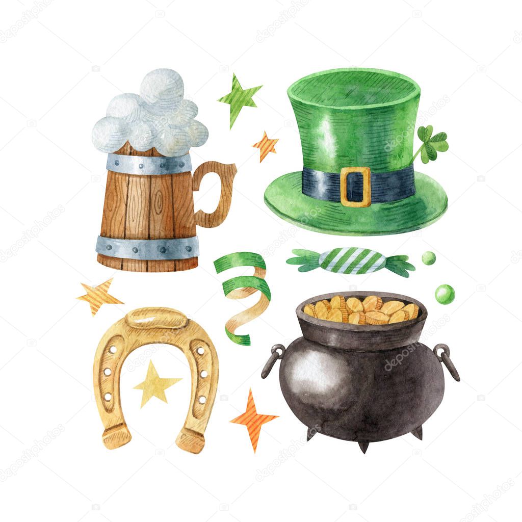 Watercolor set with wooden beer mug, horseshoe, leprechaun pot, green hat, candy and confetti. Happy Saint Patrick's Day traditional elements. Hand drawn clipart isolated on white background.