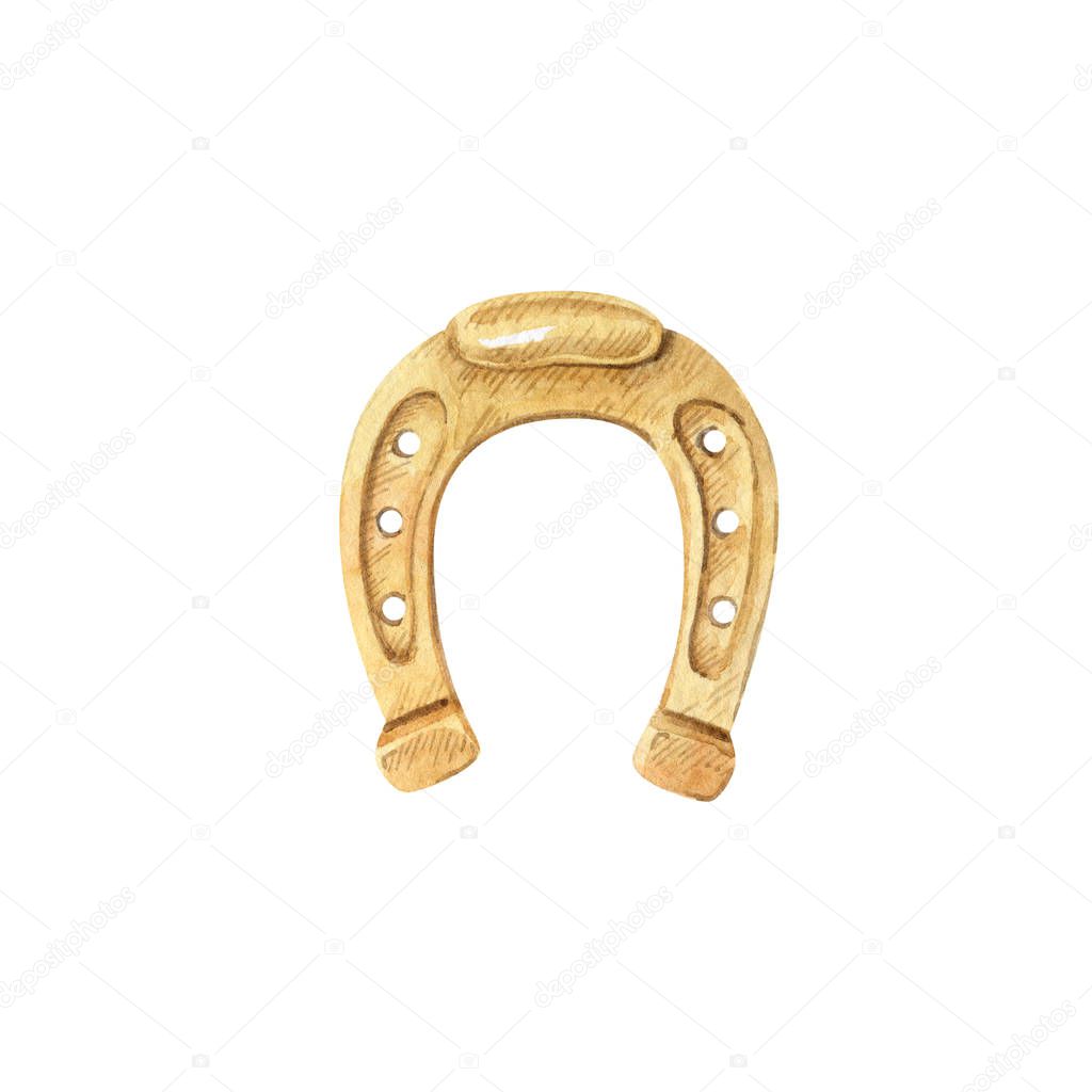 Golden horseshoe isolated on white background. Good luck symbol. Happy Saint Patrick's Day clipart for greeting cards, invitations, banners. Watercolor hand drawn illustration.