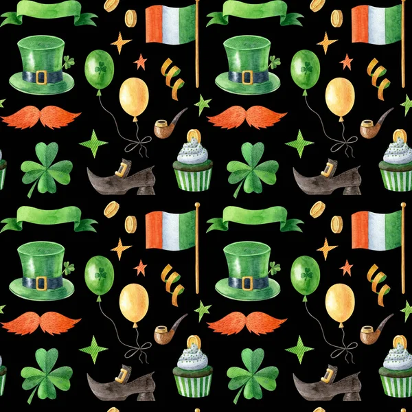 Saint Patrick Day Seamless Pattern Leprechaun Hat Irish Flag Shamrock — 스톡 사진