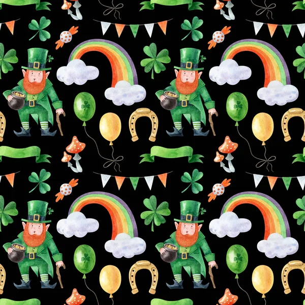 Saint Patrick Day Seamless Pattern Leprechaun Rainbow Shamrock Horseshoe Isolated — 스톡 사진