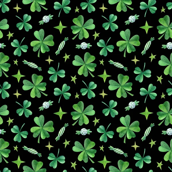 Saint Patrick Day Seamless Pattern Traditional Symbol Shamrock Isolated Black — ストック写真