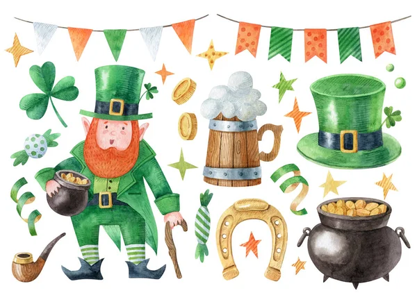Saint Patrick Day Clipart Collection Set Watercolor Symbols Include Leprechaun — 스톡 사진