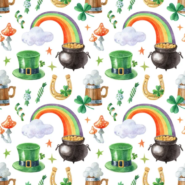 Saint Patrick Day Seamless Pattern Leprechaun Hat Pot Gold Rainbow — 스톡 사진