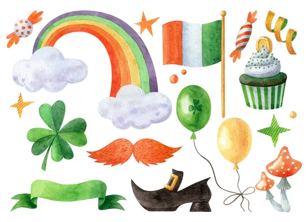 Saint Patrick Day Cliparts Collection Aquarell Symbole Umfassen Regenbogen Irische — Stockfoto