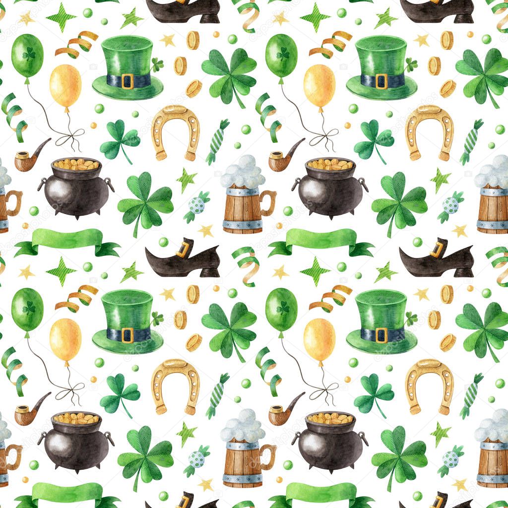 Saint Patrick's day seamless pattern with traditional celebration symbols isolated on the white background. Watercolor hand drawn illustration for invitation, greeting card, wrapping paper, fabrics.