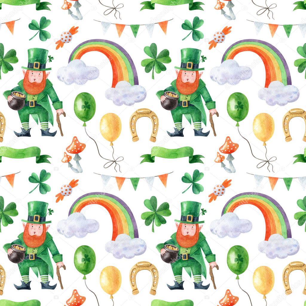 Saint Patrick's day seamless pattern with leprechaun, rainbow, shamrock, horseshoe isolated on white background. Watercolor handmade illustration for invitation, greeting card, wrapping paper, fabric.