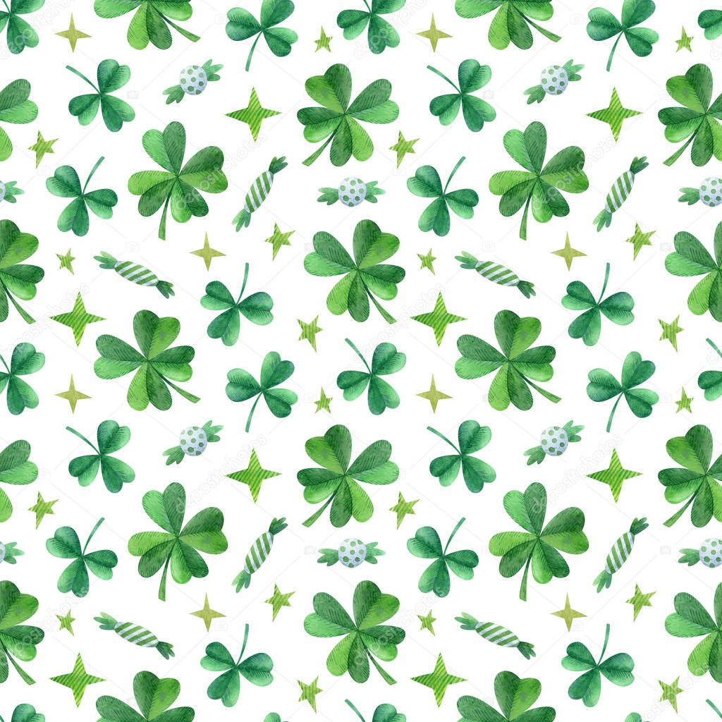 Saint Patrick's day seamless pattern with traditional symbol shamrock isolated on white background. Watercolor hand drawn illustration for invitation, greeting card, wrapping paper, fabric.