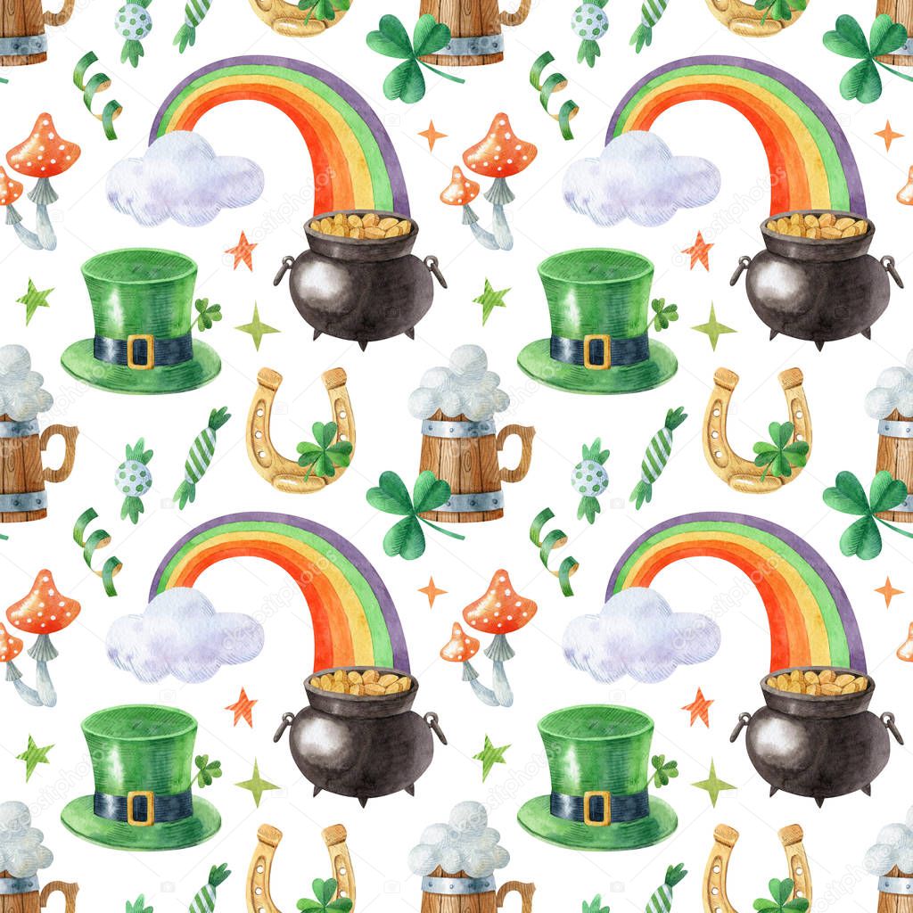 Saint Patrick's day seamless pattern with leprechaun hat, pot of gold, rainbow, shamrock isolated on white background. Watercolor illustration for invitation, greeting card, wrapping paper, fabric.