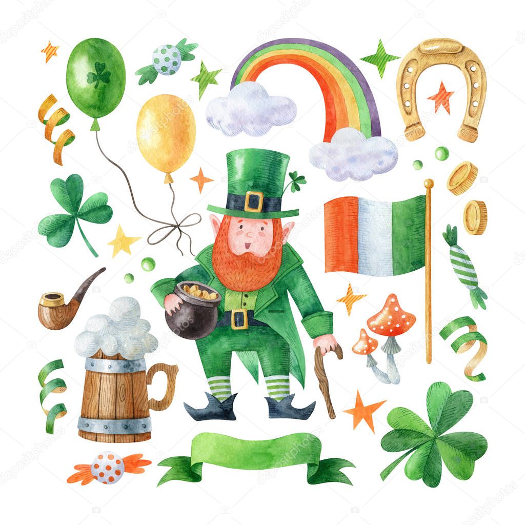 Saint Patrick's day clipart set. Watercolor symbols include leprechaun, rainbow, irish flag, horseshoe, beer mug and other decorations isolated on white background. Hand drawn illustration.