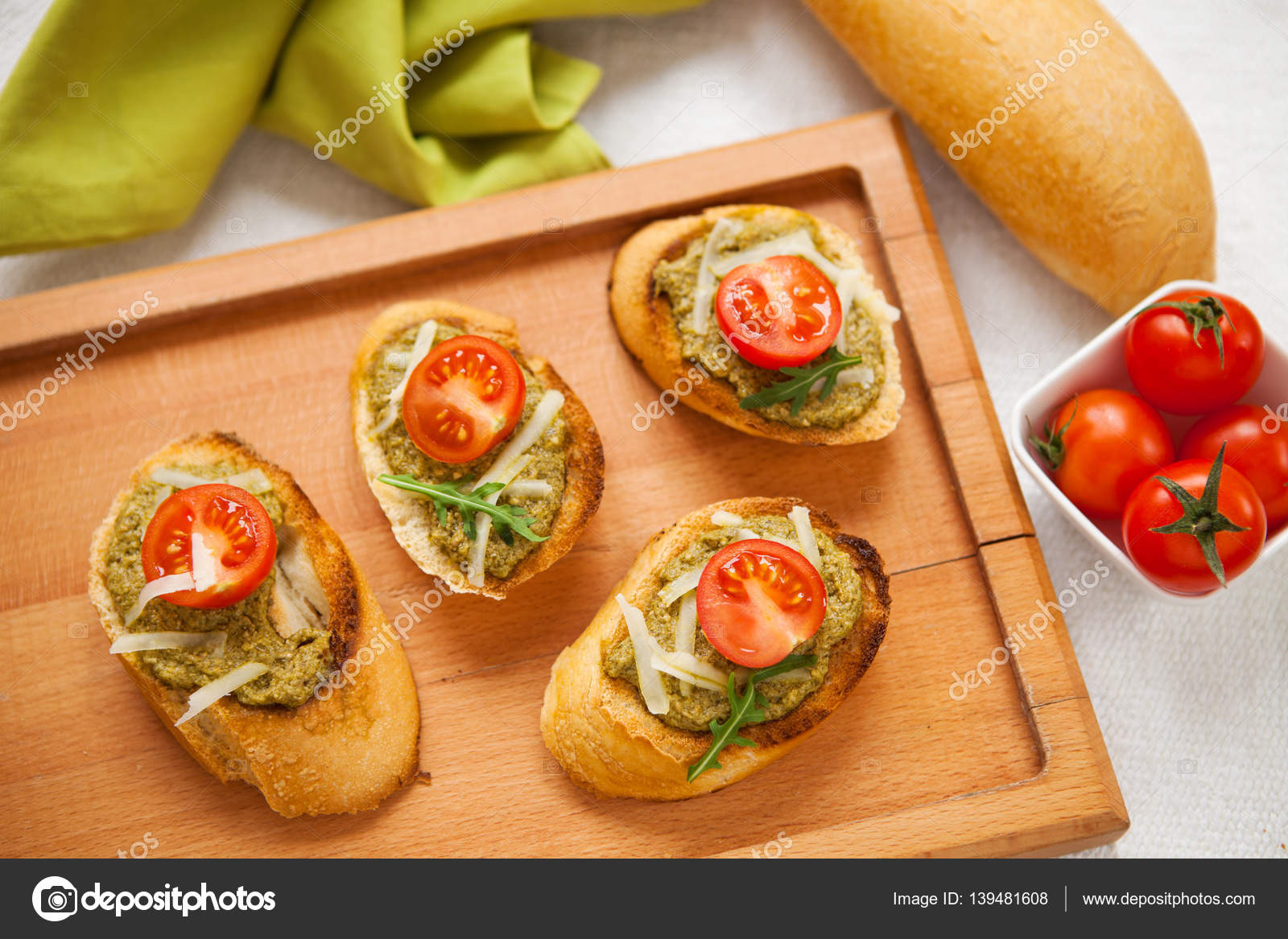 Fresh homemade antipasto Bruschetta — Stock Photo © talevr 139481608