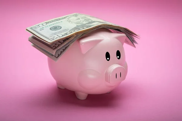 Skarbonka i pieniądze na różowym tle pastel — Zdjęcie stockowe