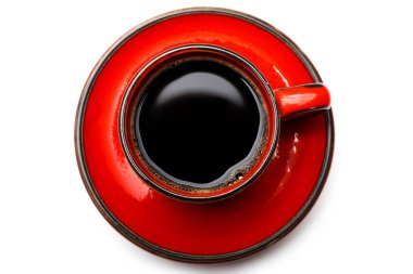 Kırmızı üzerine beyaz izole lezzetli hazır kahve fincan Üstten Görünüm