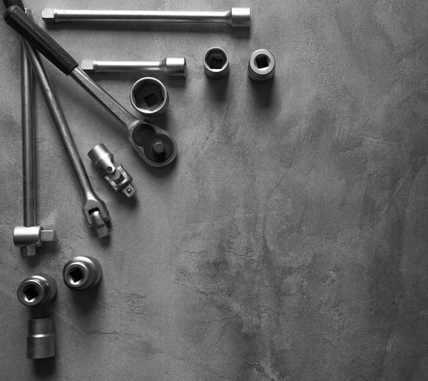 A top view image of hand tools. Set of tools on concrete panel b — Stock Photo, Image