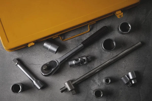 A top view image of hand tools. Set of tools on concrete panel b — Stock Photo, Image